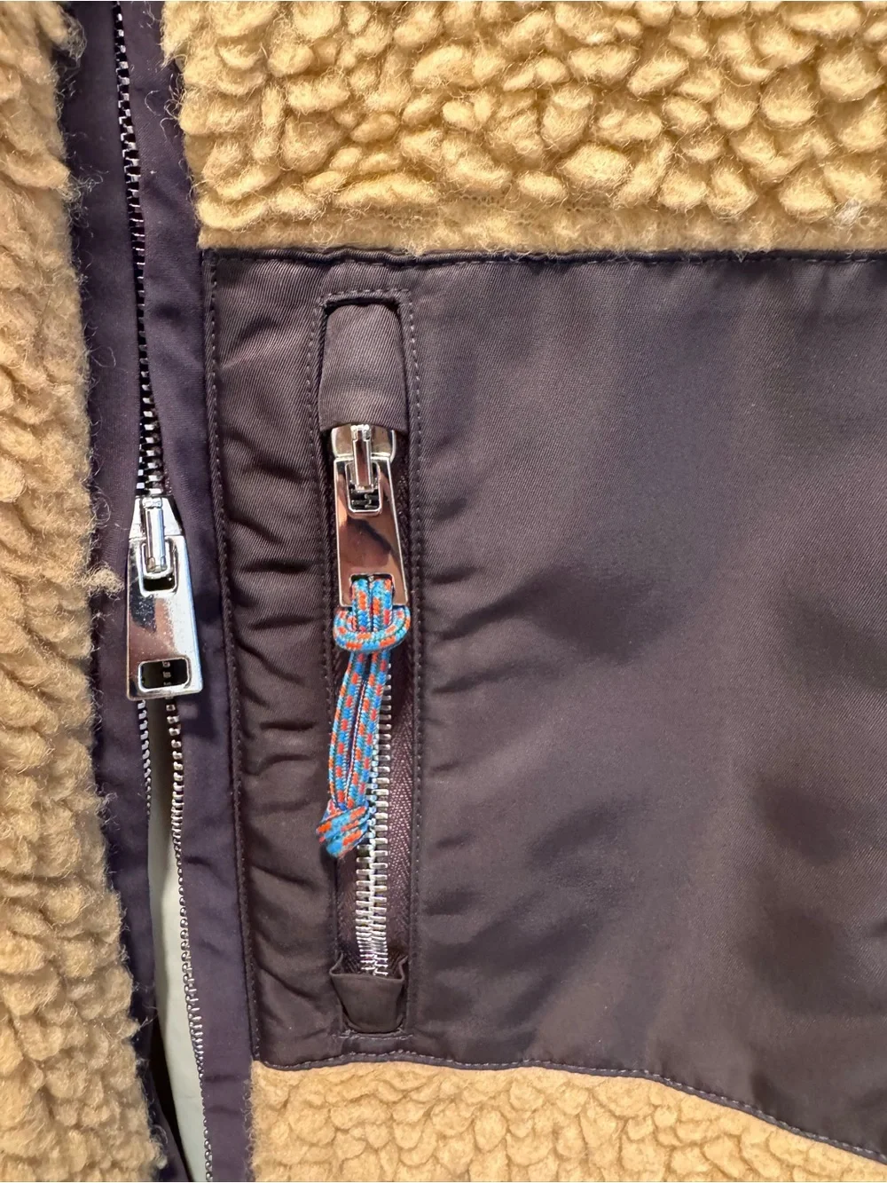 Tory Burch Tan Sherpa Jacket with Brown Pocket & Rust Collar